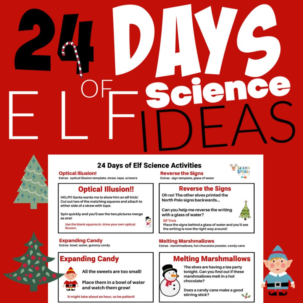 24 days of elf science ideas. A free printable booklet with challenge cards and templates
