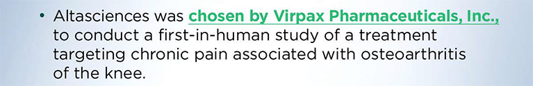 Altasciences chosen by Virpax Pharmaceuticals to conduct first in human study targeting chronic pain associated with osteoarthritis of the knee