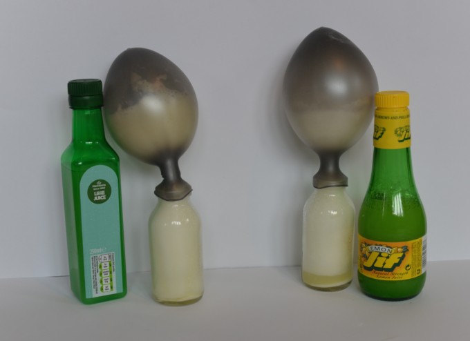 Balloons blown up with lemon juice and baking powder 