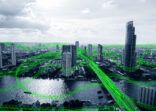 Black and white smart city with data communication flow network, communication technology concept