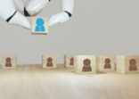 3d rendering Robot hand put ,pick or choose the one who got idea or special or right man for job than other in human resources management (hrm) or recruitment in business concept