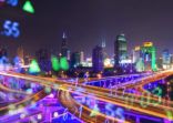 Display stock numbers and shanghai skyline background