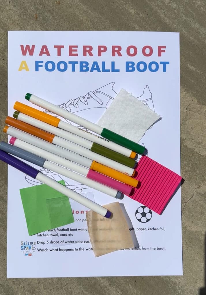 pens, paper and different materials for a waterproof a football boot STEM challenge